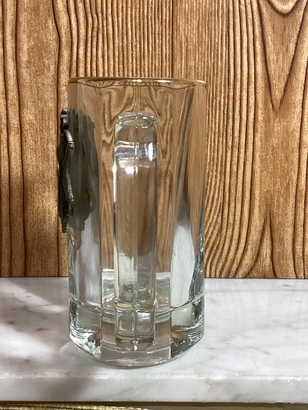 Glass Beer Stein Mug with Golf Emblem - Clear Raised Metal Medallion